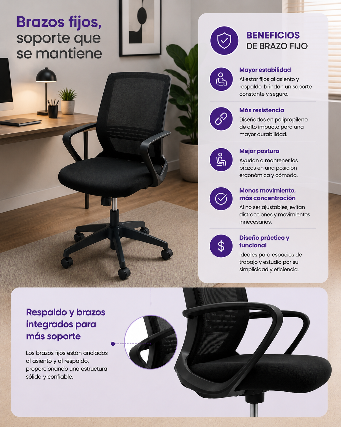 Silla Oficina Ergonómica Operativa Mesh Soporte Lumbar Negra