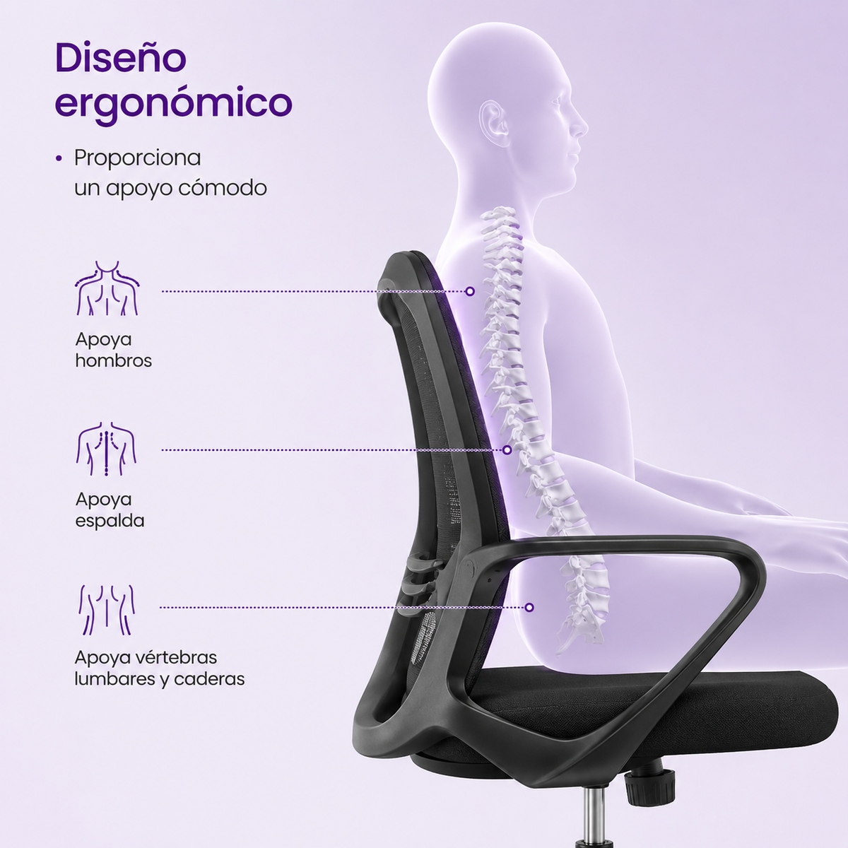 Silla Oficina Ergonómica Operativa Mesh Soporte Lumbar Negra