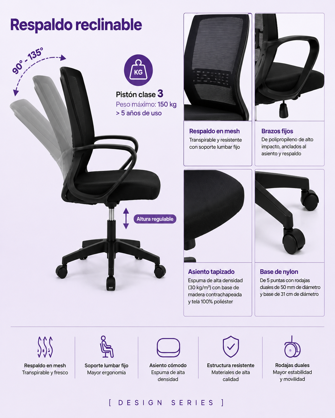 Silla Oficina Ergonómica Operativa Mesh Soporte Lumbar Negra